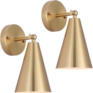 May include: Two gold wall sconces with cone-shaped shades. The sconces have a simple, modern design and are perfect for adding a touch of elegance to any room.