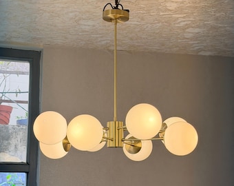 Modern 8 Arms Handmade Brass Sputnik Chandelier - Mid Century Glass Globe Ceiling Light Pendant