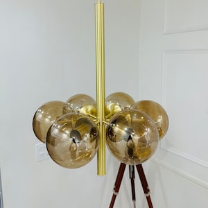 Beautiful Handmade Brass 6 Arm Glass Ball Chandelier Modern Mid Century Light Fixture
