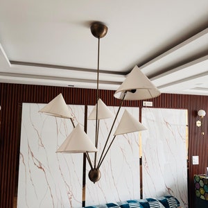 Hand Crafted Brass Sputnik Chandelier with Linen Shades | Modern 5 Arm Chandelier Light Fixture