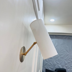 Handcrafted Brass Wall Sconce | Mid Century Linen Shade