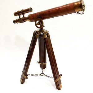 Nautical Antique Marine Brass Double Barrel 18&quot; Telescope With Adjustable Wooden Tripod Stand