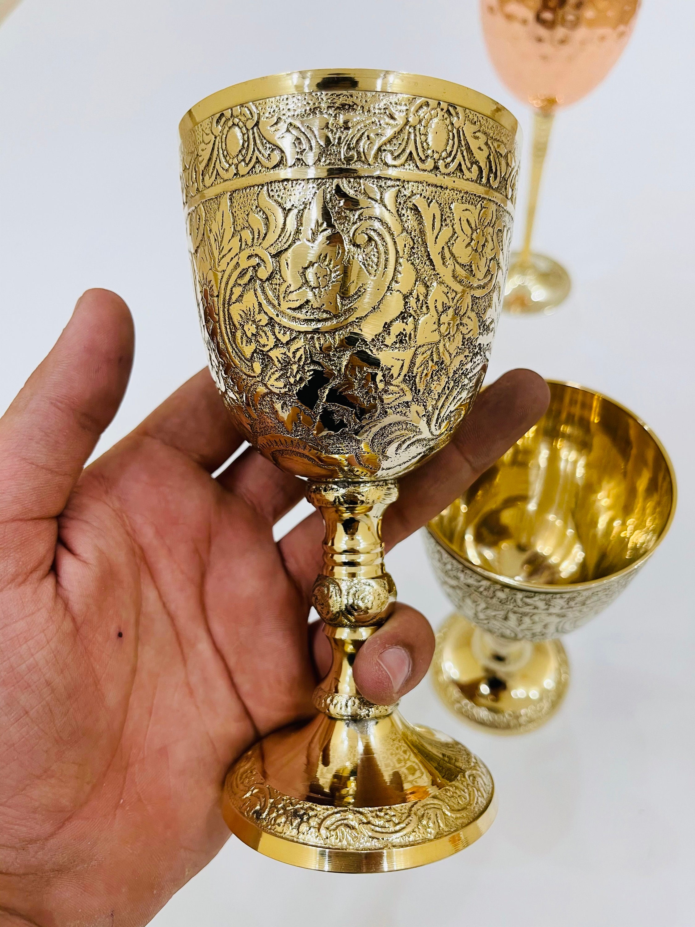 Vintage Handmade Brass King's Royal Chalice Embossed Cup 6