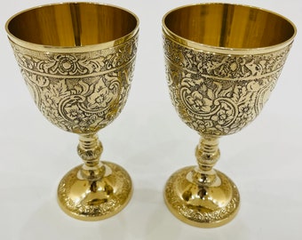 Vintage Handmade Brass King's Royal Chalice Embossed Cup 6 inch Goblet (PACK OF 1)