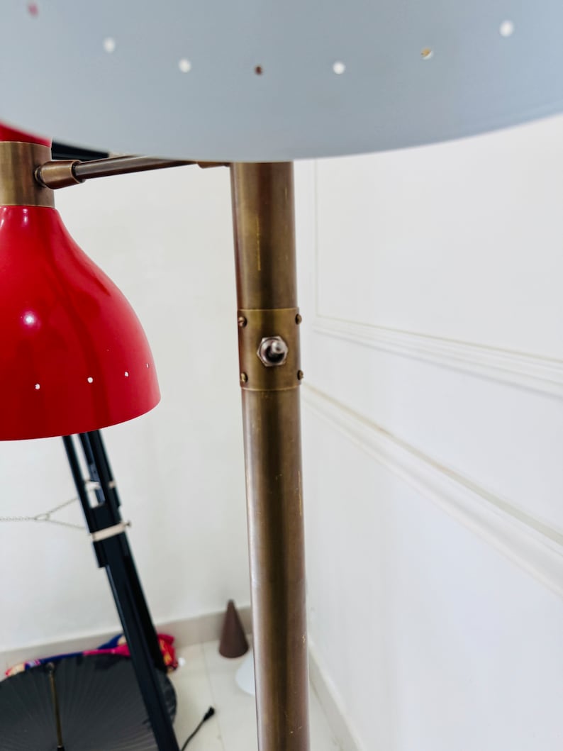 May include: A brass floor lamp with two shades. The top shade is white with holes and the bottom shade is red with holes. The lamp has a brass base and a brass pole.