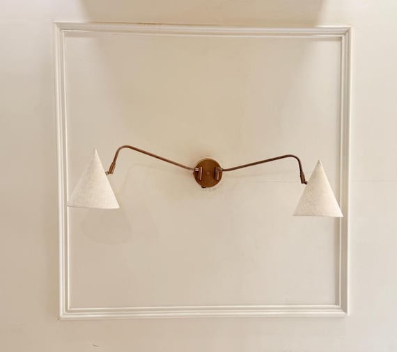 Modern Brass Doule Arm Wall Scone - Mid-century HAndcrafted Swing Light With Fabric Cone Shades