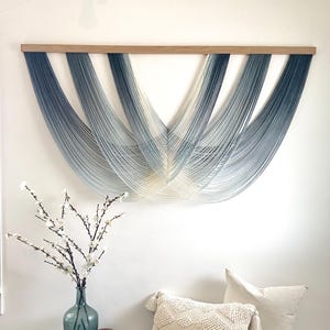 Large Teal Blue Dip Dyed Fiber Art Wall Hanging, Macrame