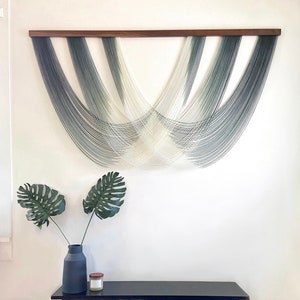 Large Green Boho Wall Tapestry, Fiber Art Wall Hanging, Dip Dyed Wool Yarn, macrame