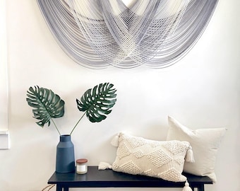 Large Macrame Fiber Art Wall Hanging: Dip Dyed Wool & Walnut, 60"