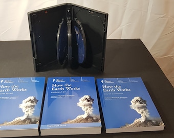 May include: Three blue and white book covers with the title "How the Earth Works" and a picture of a volcano erupting. A black DVD case with three DVDs inside.
