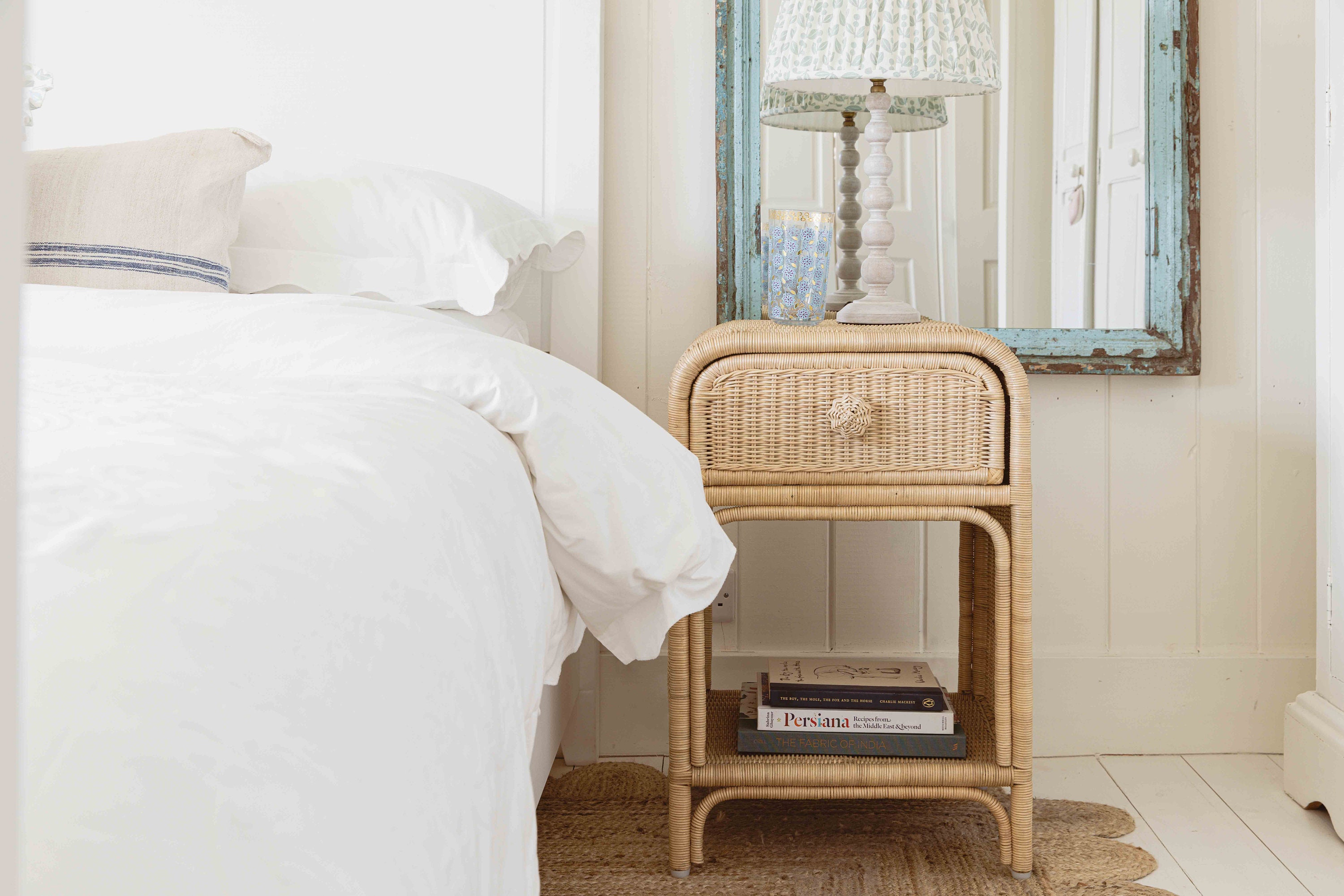 White and rattan on sale bedside table