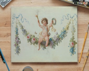 Cupid Seated on a Garland Print Of Painting, 1770s,Unframed, Art Canvas, Masterpiece, Classic Artwork, Picture, gift, Cherub, Angel