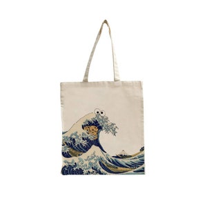 Great Wave off Kanagawa Biscuit Cartoon Reusable Cotton Feel Polyester Tote Shopping Shoulder Bag Internet Meme Unique Gift Japanese Art