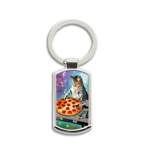 Space Pizza Cat DJ Vinyl Record Player Meme Keychain Keyring Key Ring Cuter Pussy Cat Kitten in Space Playing Decks