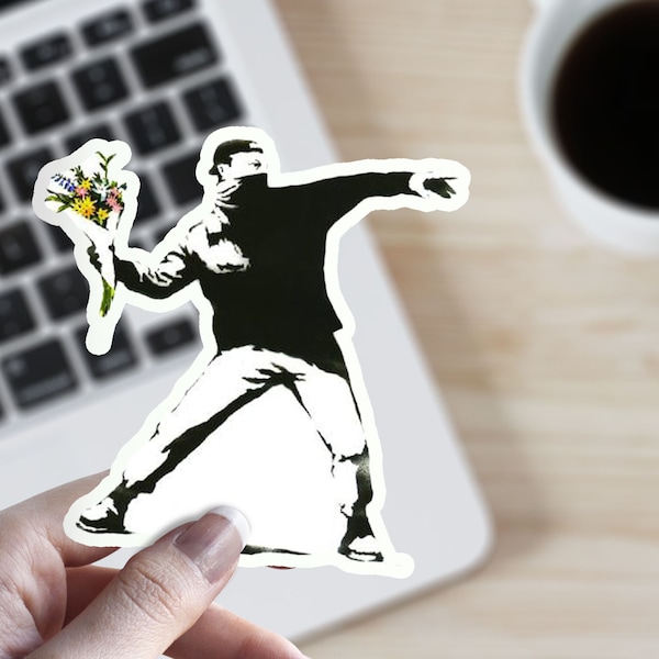 Banksy Flower Thrower Street Art Graffiti Painting Urban Car Bumper Vinyl Sticker Joke College Student Internet Meme Funny Laptop Decal