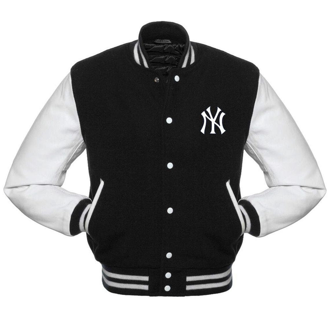 NY Yankees Varsity Jacket Black Wool & White Leather Sleeves Etsy