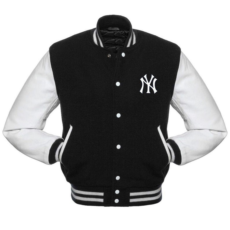 NY Yankees Varsity Jacket Black Wool & White Leather Sleeves Etsy
