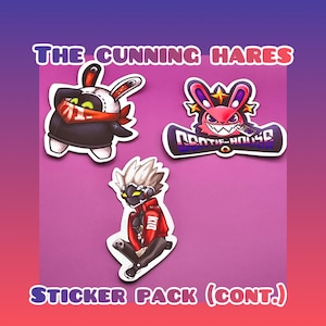 May include: A sticker pack featuring three cartoon characters. The first character is a black and white bunny wearing a red bandana and a black jacket. The second character is a pink bunny with a purple and blue skateboard. The third character is a white-haired character wearing a red jacket and black pants. The sticker pack is titled "The Cunning Hares Sticker Pack (Cont.)"