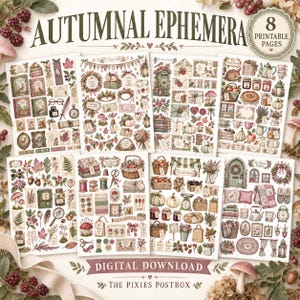 Könnte beinhalten: Eine Sammlung von acht druckbaren Seiten mit dem Titel Autumnal Ephemera, die verschiedene Illustrationen herbstlicher Motive wie Kürbisse, Pilze, Bücher, Teesets und Laub zeigen. Der digitale Download enthält dekorative Anhänger.