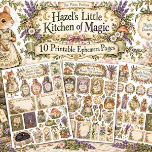 Pode incluir: Um conjunto de download digital de 10 páginas de efêmeros imprimíveis intitulado Hazel's Little Kitchen of Magic. A coleção apresenta ilustrações de um rato com avental, frascos de poções, xícaras de chá, cogumelos e lavanda, emolduradas por bordas florais.