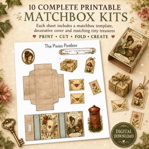 Op de afbeelding: Een printbare knutselset met 10 luciferdoosjes-sjablonen en feeënillustraties in vintage-stijl. Het vel bevat doosontwerpen, decoratieve covers en kleine schatten zoals enveloppen, labels en een brievenbus om zelf uit te knippen en te vouwen.