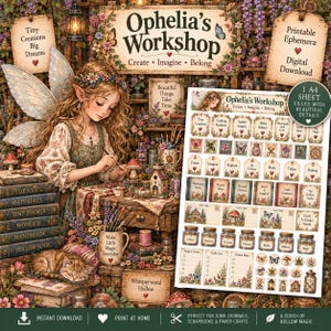 Op de afbeelding: Een digitale download van Ophelia's Workshop printbare ephemera met een A4-vel vol labels, tags en stickers. Het ontwerp bevat illustraties van een fee, een kat en diverse knutselspullen met teksten zoals Tiny Creations.
