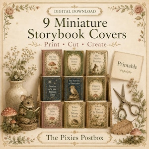 Peut inclure: Un ensemble de téléchargement numérique de 9 couvertures de livres miniatures avec des titres comme The Tale of Nettle et Nimble Notes. La collection comprend des motifs imprimables avec des illustrations botaniques et forestières sur une étagère.