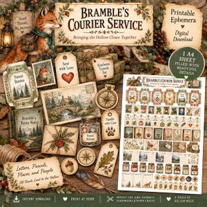 以下が含まれることがあります： 「Bramble's Courier Service」と題された印刷可能なエフェメラのデジタルダウンロード。キツネ、森の風景、ヴィンテージ風のタグ、切手、封筒が特徴です。このコレクションには、森の要素、コンパス、瓶のイラストが描かれたA4サイズのクラフトシートが含まれており、スクラップブックやジャンクジャーナル用にデザインされています。