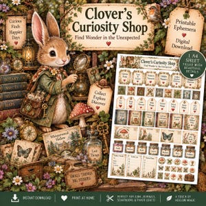 Op de afbeelding: Een digitale download van Clover's Curiosity Shop printbare ephemera op een A4-vel. Het ontwerp toont een konijn in een groene jas, paddenstoelen, potjes en diverse labels met tekst zoals Curious Finds, Lost and Found en Nature's Treasures.