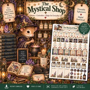 Könnte beinhalten: Ein digitaler Download eines A4-Bogens mit druckbaren Ephemera, die Illustrationen von Zaubertränken, Kristallen und magischen Gegenständen zeigen. Das Design enthält Etiketten, Anhänger und kleine Karten mit Text wie The Mystical Shop.