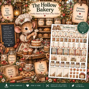 Könnte beinhalten: Ein digitaler Download von The Hollow Bakery druckbaren Ephemera mit einer Maus als Bäckerin in einer Küche. Der Bogen enthält Anhänger, Etiketten und Karten mit Texten wie Fairy Cakes und Recipes from the Hollow, verziert mit Erdbeeren und Blumen.
