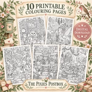 May include: A set of 10 printable colouring pages titled The Pixies Postbox, featuring black and white line art illustrations of woodland creatures, fairies, and forest scenes. The digital download includes detailed drawings of animals in cosy settings.