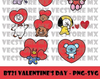 May include: A collection of cartoon characters, each set within a red heart shape. The characters are in various colors and designs, with the text "BT21 VALENTINE'S DAY - PNG-SVG" at the bottom. The image has a Valentine's Day theme.