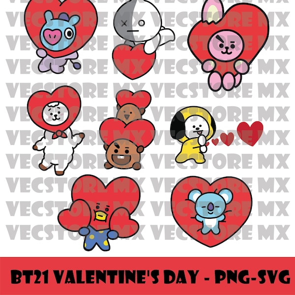 BT21 Valentines day SVG -  8 Designs - Svg + Png Cricut Cut File, Silhouette Cut File - Instant Digital Download, BTS Army, Valentine's day