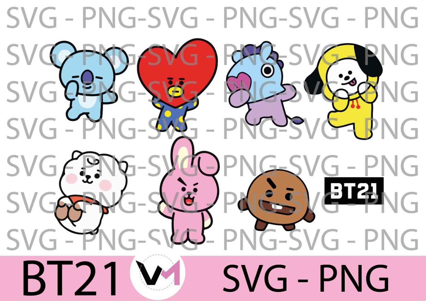 BT21 Charaktere SVG - 8 Designs - SVG + PNG Cricut Cut Datei, Silhouette Cut Datei - Sofortiger digitaler Download, BTS Army