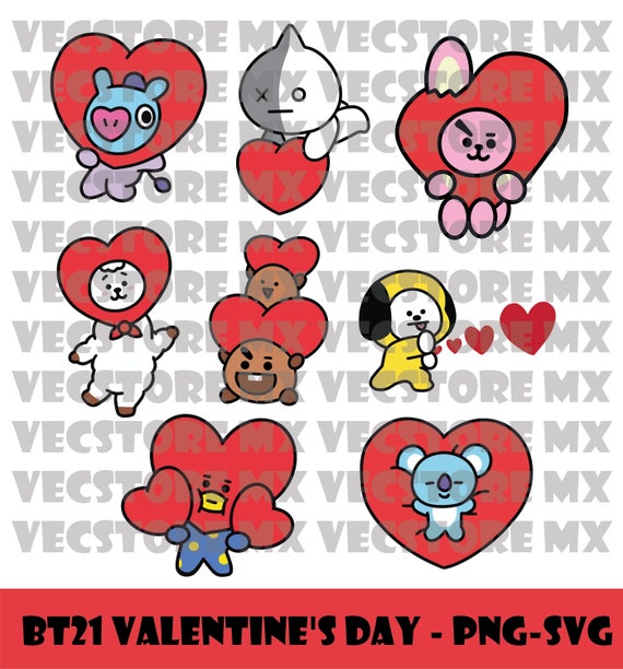 BT21 San Valentín SVG- 8 Diseños -  Archivo de corte Cricut, Archivo de corte de silueta - Descarga digital, BTS Army día del amor y amistad