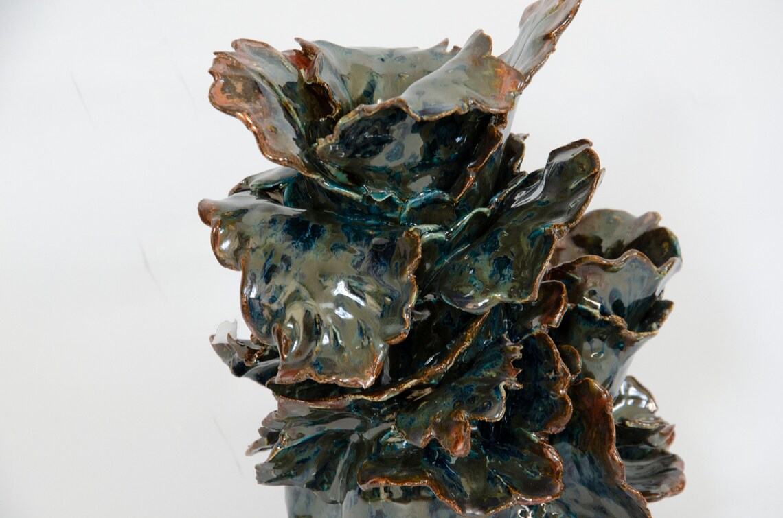 Metallic Silver Teal Copper Leaf Vase Etsy