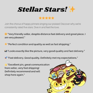 May include: Image features a yellow and brown enamel pin of a cartoon character with a bus. The text "Stellar Stars!" is at the top, with customer reviews below. The reviews highlight fast delivery and good quality.