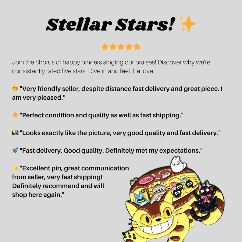 May include: Image features a yellow and brown enamel pin of a cartoon character with a bus. The text "Stellar Stars!" is at the top, with customer reviews below. The reviews highlight fast delivery and good quality.
