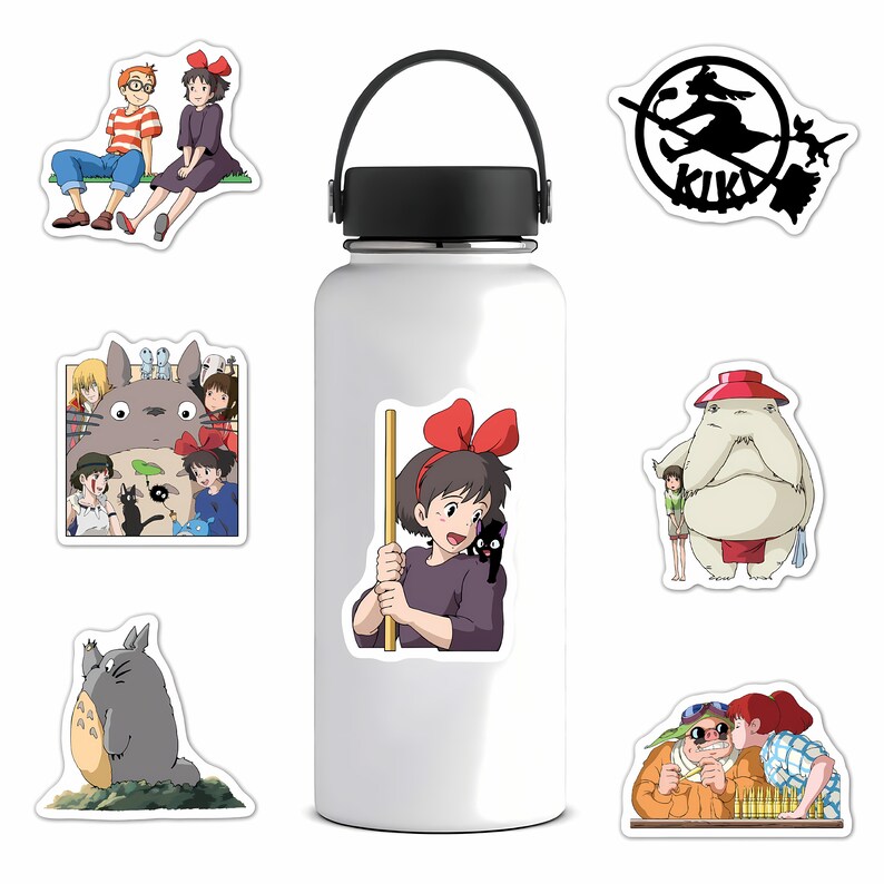 May include: A white water bottle with a black handle is adorned with several colorful anime-style stickers. The stickers feature characters from various animated films, including a witch on a broom, a large gray creature, and other figures.
