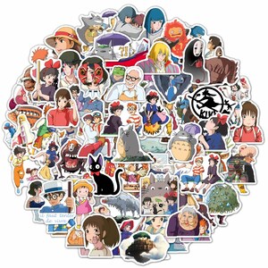 May include: A collection of colorful stickers featuring characters from Studio Ghibli films. The stickers showcase various characters in different poses and settings, with a white border around each design. The stickers are arranged in a circular pattern.