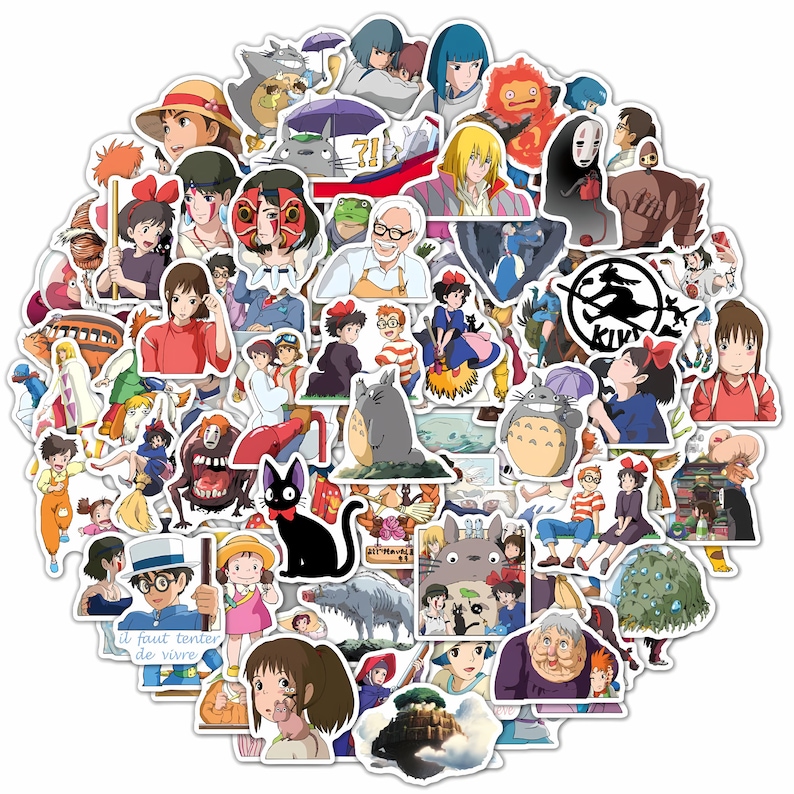 May include: A collection of colorful stickers featuring characters from Studio Ghibli films. The stickers showcase various characters in different poses and settings, with a white border around each design. The stickers are arranged in a circular pattern.