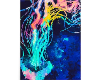 Abstract JellyFish Art Prints - Sea life Animal Painting - Vibrant Colorful Contrasting - Ocean Animals Print - Coastal - Tropical - Blue