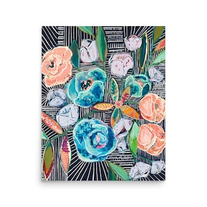 Abstract Wild Flowers Print - Wall Art - Home Decor - Gift Idea - Contemporary Boho Floral Line Art - Ikat indigo Ink Blue Flowers