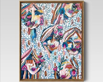 Abstract Portrait Original Artwork - Women Faces Painting - Whimsical Flowers - Textured Acrylic Mixed Media Impasto - 16”x20” Canvas