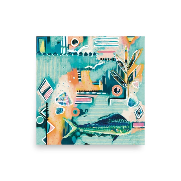 Coastal Mahi Mahi Abstract Fish Art Prints -Tropical Sea life Painting - Vibrant Colorful Contrasting - Beach  Vibes - Intuitive Artwork -