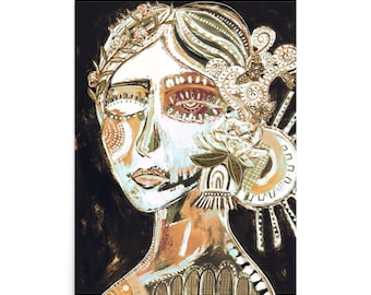 Abstract Woman Portrait Print - Maximalist - Bloemen - Boho Chic - Neutrale kleuren - Moderne portretten - Boho Wall Art