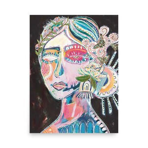 Abstract Woman Portrait - Maximalist - Flowers - Bohemian Chic - Female Face Beauty - Modern Portraits - Wall Art - Home Decor
