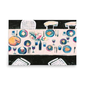 May include: An artistic illustration of a dining table set for a meal. The table is set with plates, silverware, and wine glasses. A vase of flowers sits in the center. The color palette includes shades of blue, pink, and yellow.