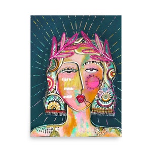 Abstraktes Weibliches Portrait Druck - Moderne Gesichts Kunst - Frauen Krone - Maximalist - Wohnkultur - Wand Kunst